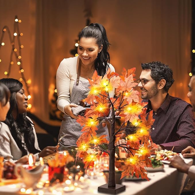 Fall Maple Leaf Table Lighted Tree - Thanksgiving Decorations 2 Pack Home Decor with 48 LED Lights for Indoor Outdoor Room Decoration Artificial Harvest Autumn Trees Battery Operated for Home Party