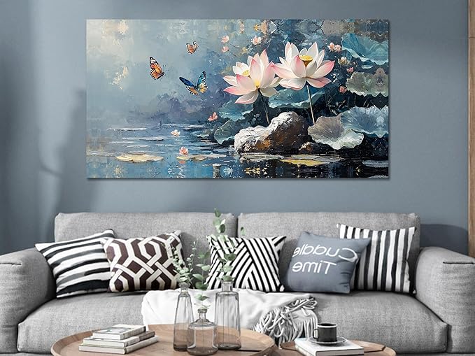 Ardemy Lotus Wall Art for Living Room Butterfly Canvas Art Wall Decor Textured Pictures Artwork Bedroom Kitchen Dining Home Office, Large 40"x20"
