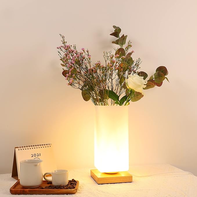 Vase Lamp Table Lamp Dimmable 3 Colors Vase Table Lamp USB Charge Bedside Lamp Frosted Glass Shade with Wood Base