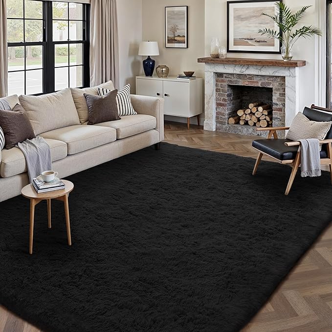 8x10 Area Rug for Living Room, Modern Black Shag Shaggy Plush Carpet Washable Non-Slip Large Rug Super Soft Indoor Fuzzy Fluffy Carpet for Bedroom Home Aesthetic Decor