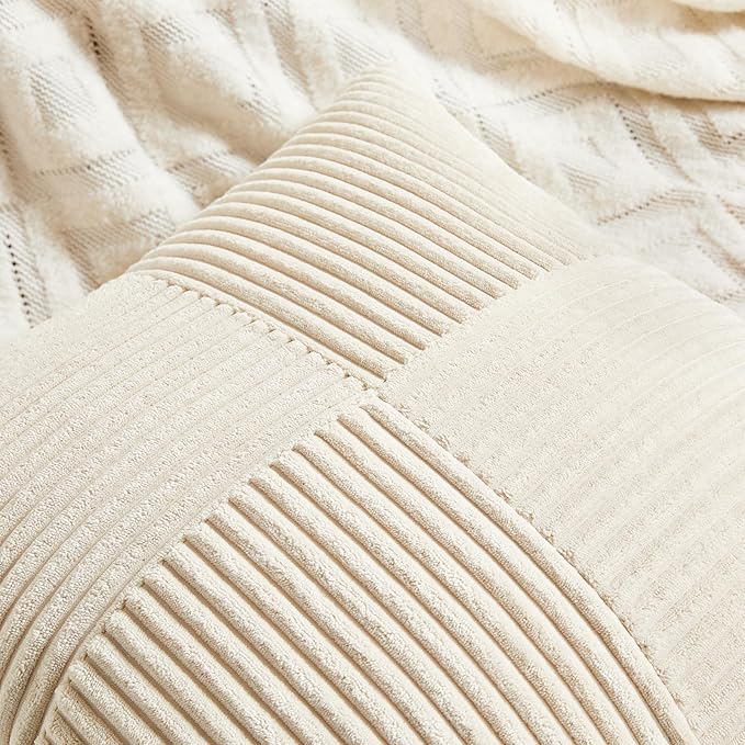 Fancy Homi 4 Packs Neutral Decorative Throw Pillow Covers 20x20 Inch for Living Room Couch Bed Sofa, Rustic Farmhouse Boho Home Decor, Soft Cross Striped Corduroy Patchwork Square Cushion Case 50x50cm