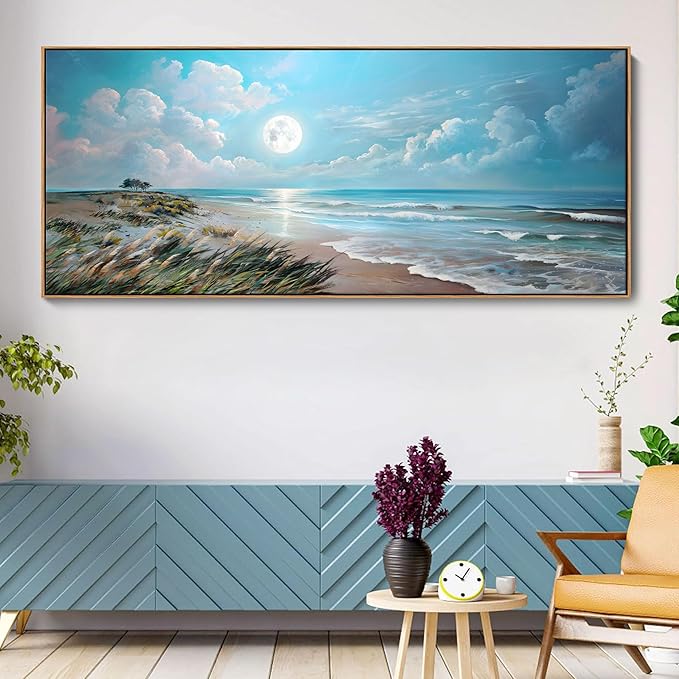 YCPRIMER Extra Large Coastal Wall Art - Blue Beach Canvas Wall Decor Ocean Picture Seascape Painting for Living Room Bedroom Bathroom Decoration Sea View Artwork Prints Pictures Works Easy to Hang Size 70x31inchs
