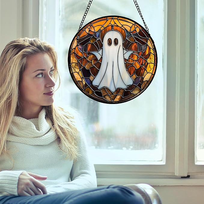 Stained Glass Window Hanging Halloween White Horror Ghost 6.3" - Suncatcher Door Garden Kitchen Sun Catcher Home Gothic Decor Birthday for Mom Men Woman Friend Grandma