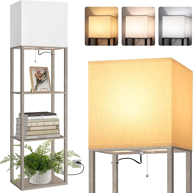 Dott Arts Floor Lamp with Shelves, Wide Floor Lamps for Living Room Display Shelf Lamps with 3 Color LED Bulb,Storage Wood Modern Floor Lamp for Bedroom Standing Lamp for Living Room Office（Grey）