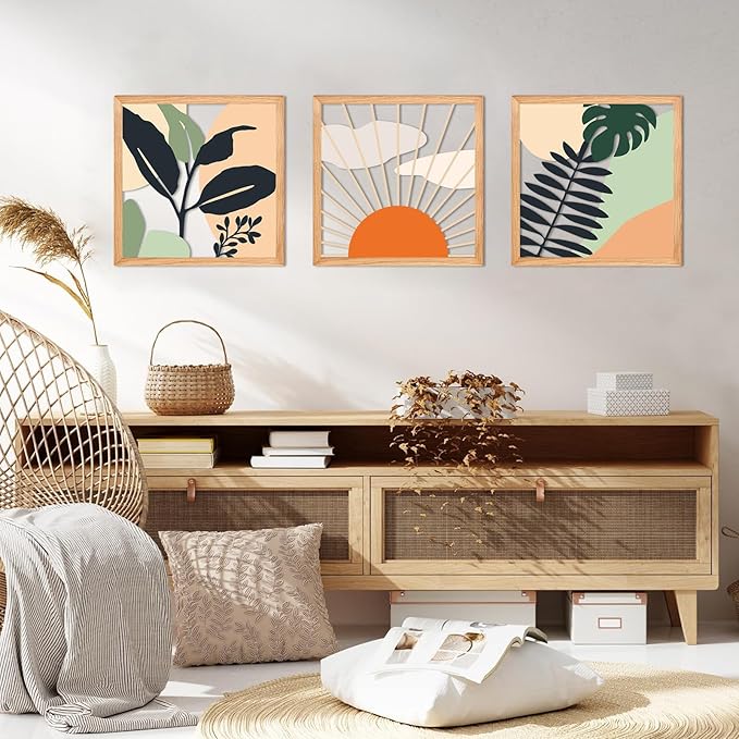 ESTART 3 Pcs Boho Wooden Wall Art Decor Bohemian Wall Hanging Sculpture Farmhouse Geometric Aesthetic Artwork, Mid Century Modern Design for Bedroom Living Room Office, 39 x 11.8 inch