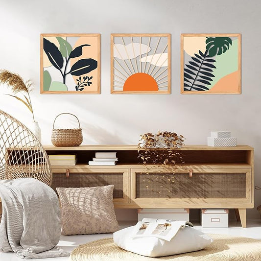 ESTART 3 Pcs Boho Wooden Wall Art Decor Bohemian Wall Hanging Sculpture Farmhouse Geometric Aesthetic Artwork, Mid Century Modern Design for Bedroom Living Room Office, 39 x 11.8 inch