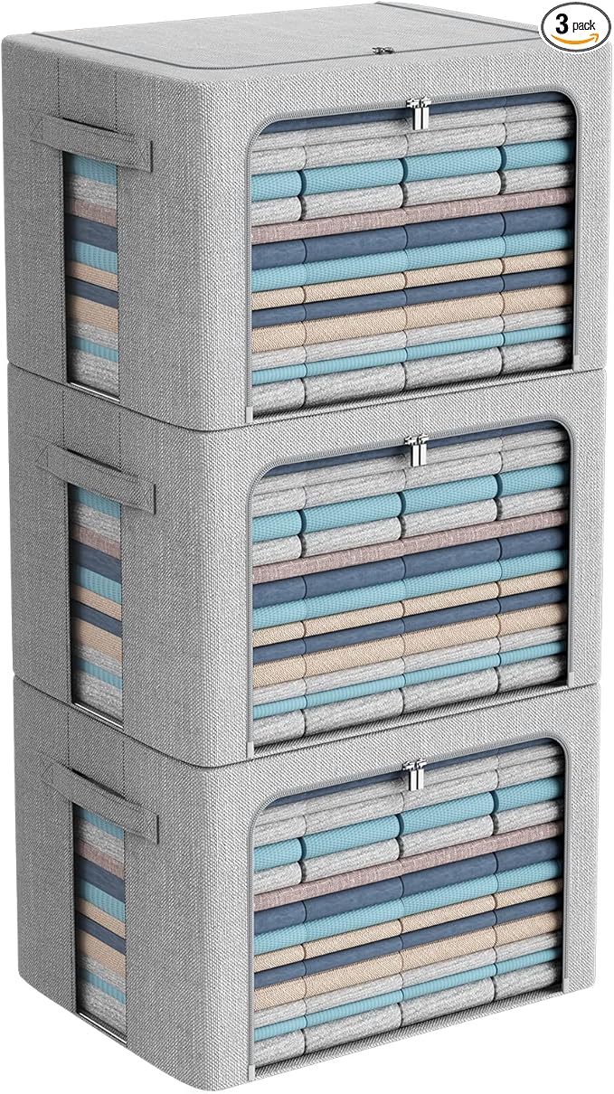 3Pack Foldable Storage Bins - Frame Storage Box Linen Fabric Stackable Clothes Container Organizer with Clear Window & Carry Handles Large Capacity (Extra Large-100L, Light Grey)