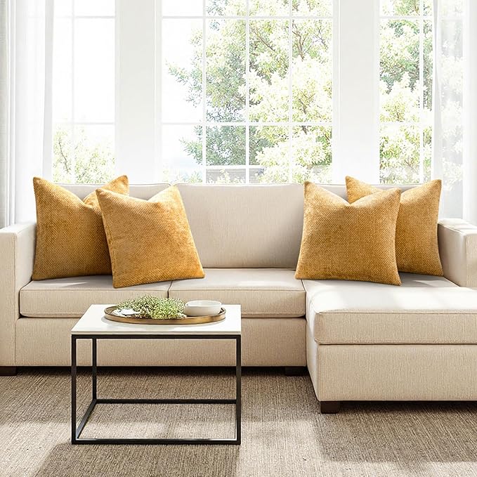 MIULEE Pack of 4 Couch Throw Pillow Covers 20x20 Inch Gold Soft Decorative Chenille Pillow Covers Farmhouse Accent Cushion Covers for Boho Home Decor Sofa Bedroom Living Room