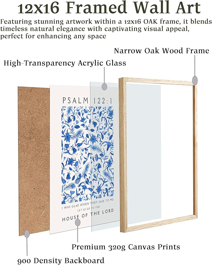 EcoHest OAK Wood Jesus Framed Wall Art, 12x16in Psalm 122:1 Bible Verse Christian Wall Art, Modern Blue Bedroom Decor For Living Room Bathroom Religious Gift 1Pack