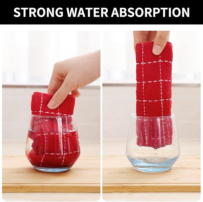 Homaxy 100% Cotton Terry Kitchen Towels(Red, 13 x 28 inches), Checkered Designed, Soft and Super Absorbent Dish Towels, 6 Pack