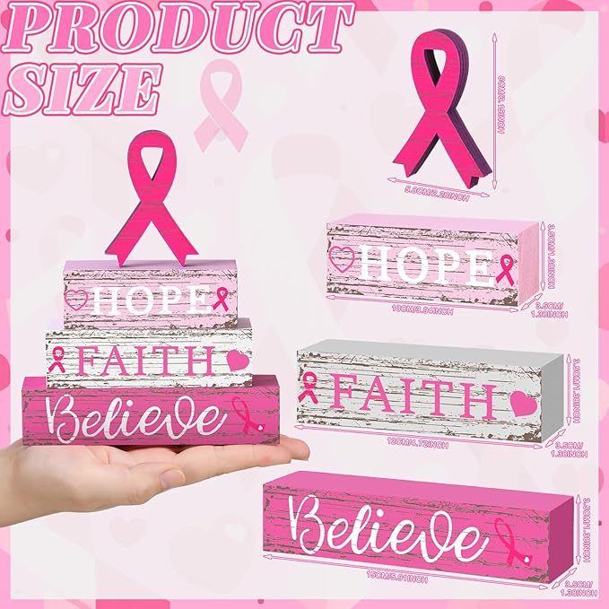Geelin 4 Pcs Breast Cancer Awareness Wooden Table Centerpiece Decorations Blocks Tiered Tray Decor Fight Cancer Theme Pink Ribbon Table Top Sign for Home