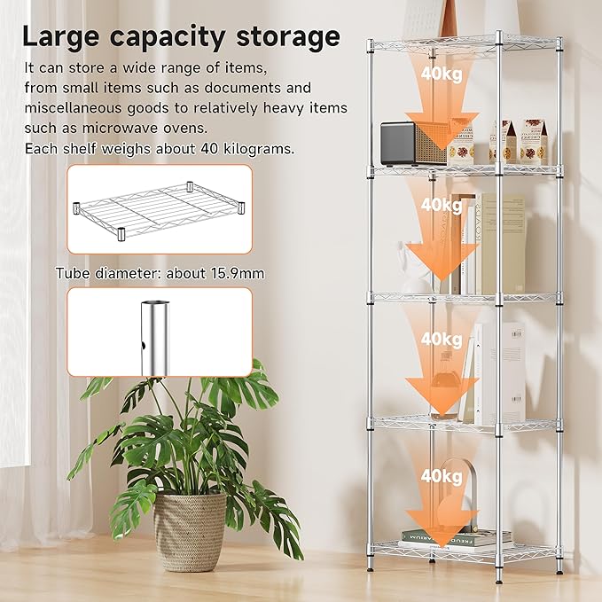 IZEUK 5 Tier Metal Wire Shelf Unit, Chrome Storage Rack Organizer for Kitchen, Bedroom, Living Room or Laundry Room, 17.7" W x 11.8" D x 55.0" H