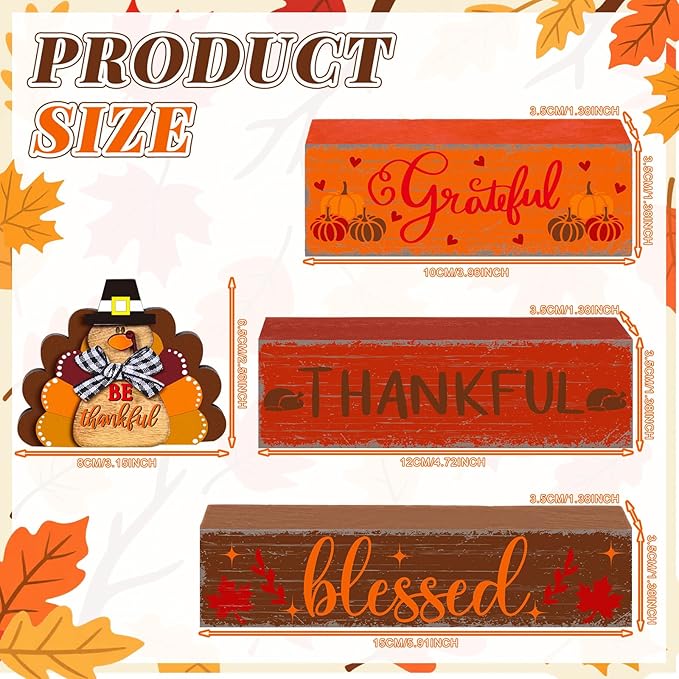 Geelin 4 Pcs Fall Turkey Table Decorations Thanksgiving Turkey Wooden Signs Rustic Harvest Tiered Tray Decor Tabletop Centerpieces Farmhouse Decor for Home Desk Room Kitchen Shelf