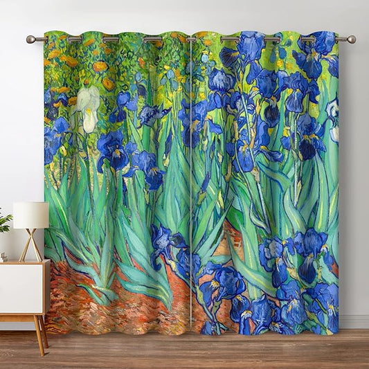 Jekeno Irises Blackout Curtains Blue and Purple Iris Flowers Floral Art Decor Home Bedroom Living Room Abstract Art Decoration Darkening Grommet Window Drapes 2 Panel Set, 52"x63"
