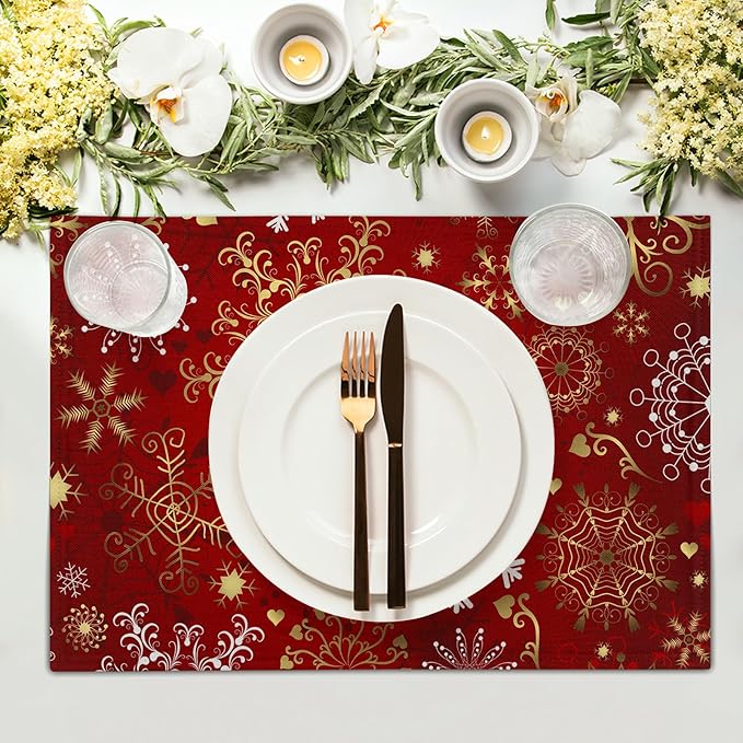 Red Snowflake Placemats 12×18 Inches Set of 4 Holiday Indoor Kitchen Dining Table Place Mats for Home Party Decoration