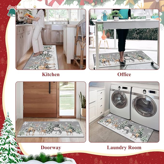 SHACOS Christmas Kitchen Rugs Set of 2 Anti-Fatigue Kitchen Mats Cushioned Christmas Deer Forest Trees Farmhouse Kitchen Mats and Rugs for Xmas 17x27.5+17x47, Forest Deer
