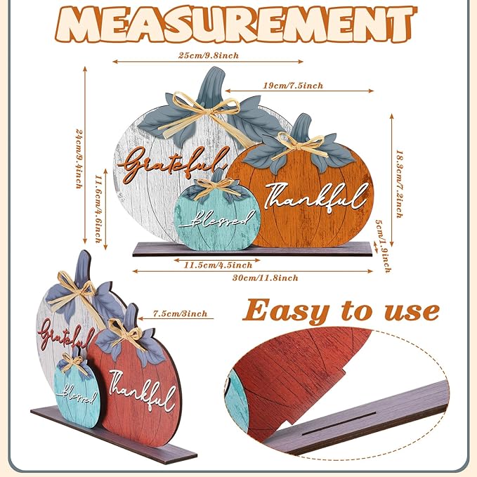 Soaoo Fall Pumpkin Table Decorations Wooden Thankful Blessed Centerpiece Autumn Grateful Tabletop Decor Farmhouse Harvest Pumpkin Block Signs for Party Rustic Table Shelf Decor Home(Vivid)