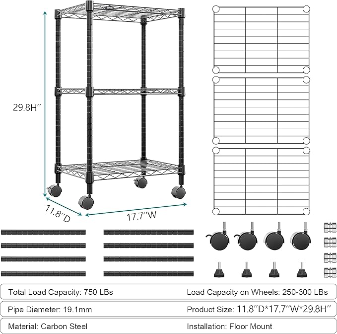 3 Tier Shelf Metal Storage Shelves Wire Rack Closet Organizers with Wheel for Garage Kitchen Bathroom Laundry Black 11.8" D x 17.7" W x 29.8" H