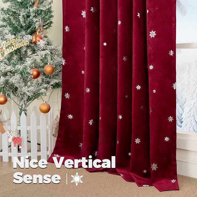 BGment Christmas Red Velvet Curtains 84 Inches Length, Luxury Thermal Insulated Blackout Curtains Back Tab and Rod Pocket Snow Silver Printed Panels for Living Room, Set of 2 Panels, 52 x 84 Inch