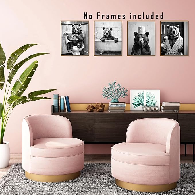 FITIE Funny Black Bear Bathroom Wall Art Posters Set of 4, Bear Bathroom Decor, Humorous Wild Animal Bathing Toilet Canvas Prints Artwork Wall Decor for Bath Room Washroom, 8x10 Unframed