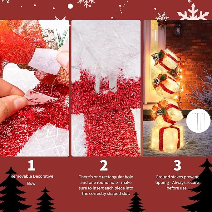 Christmas Lighted Gift Boxes Decorations Set of 4, 2.8Ft Stackable Christmas Nesting Boxes Battery Operated for Home and Party Decoration (8"-6"-5"-4", Red Bow)