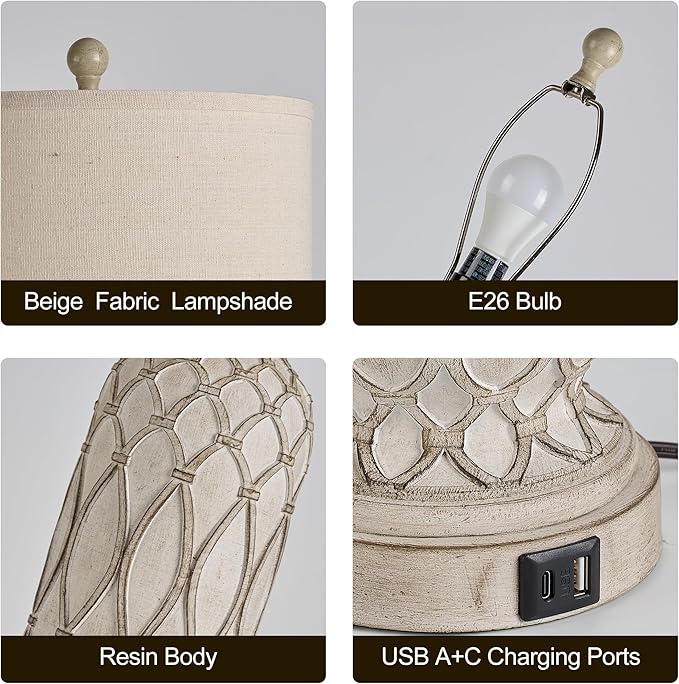 Farmhouse Table Lamps for Bedroom Set of 2, 28" Rustic Bedside Lamp with USB Ports, 3-Way Dimmable Nightstand Table Lamp for Living Room with Linen Drum Shade (Bulbs Included)