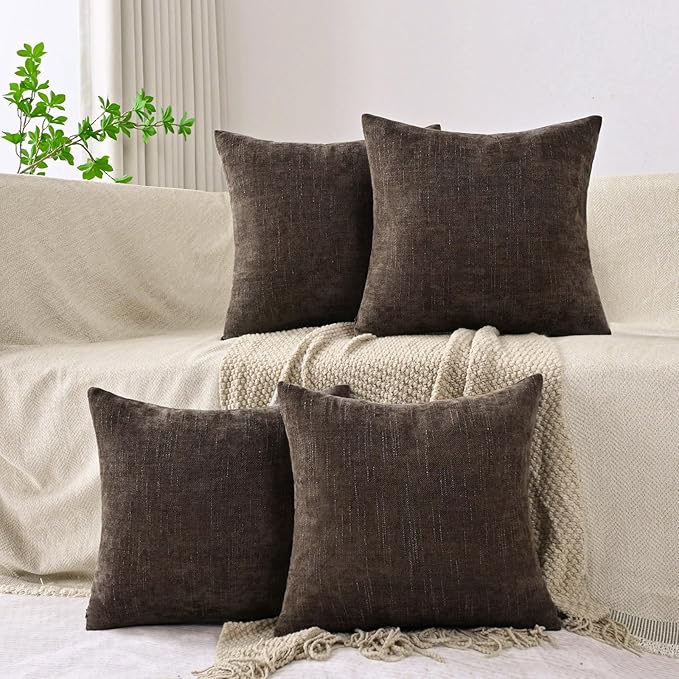 Set of 4 Soft Textured Decorative Throw Pillow Covers 18x18 Inch Cozy Farmhouse Cushion Cover Square Accent Pillow Cases for Bed Couch Sofa Living Room, Dark Brown
