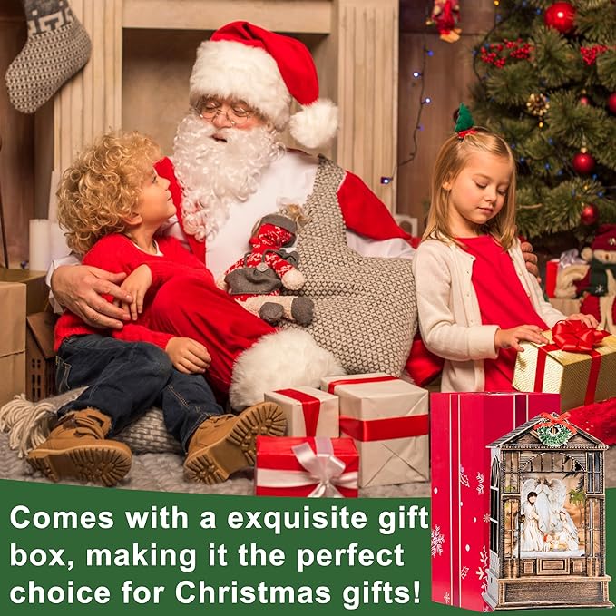 Christmas Snow Globe, Lighted Angel Guarding Nativity Scene, Musical Snow Water Lantern Swirling Glittering Holiday Decoration and Gift for Family Children or Friends