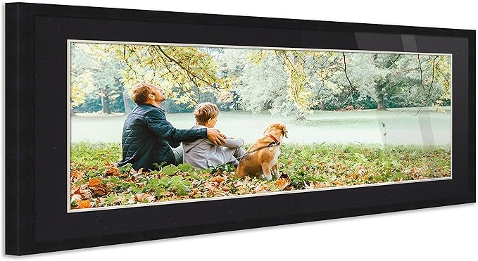 Black Wood Frame with Black Mat | Matted to 13.5x40 - UV Acrylic Shatter Guard, Foam Board Backing, Wall Hanging Hardware