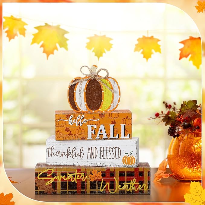 Geelin 4 Pcs Fall Decorations Autumn Wooden Sign Pumpkin Thanksgiving Maple Leaves Table Centerpiece Tiered Tray Decor Hello Fall Wood Blocks Tiered Tray Decor Table Top Sign for Home
