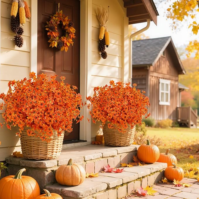 SHareconn 40 Bundles Artificial Fall Flowers for Outdoors Decoration, Fake Silk Daisy Realistic Faux Plants UV Resistant for Planter Home Porch Patio Autumn Indoor Outside Decor, Sunset Red Orange