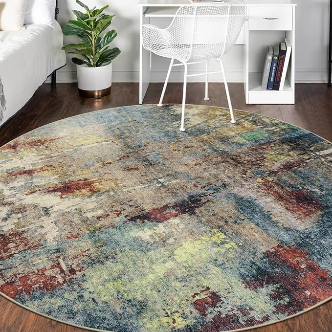 Lahome Modern Abstract Round Rug 6ft - Large Red 6x6 Circle Rugs for Living Room Bedroom Dining Room,Soft Non Slip Mat Indoor Floor Carpet for Coffee Table Hardwood Playroom