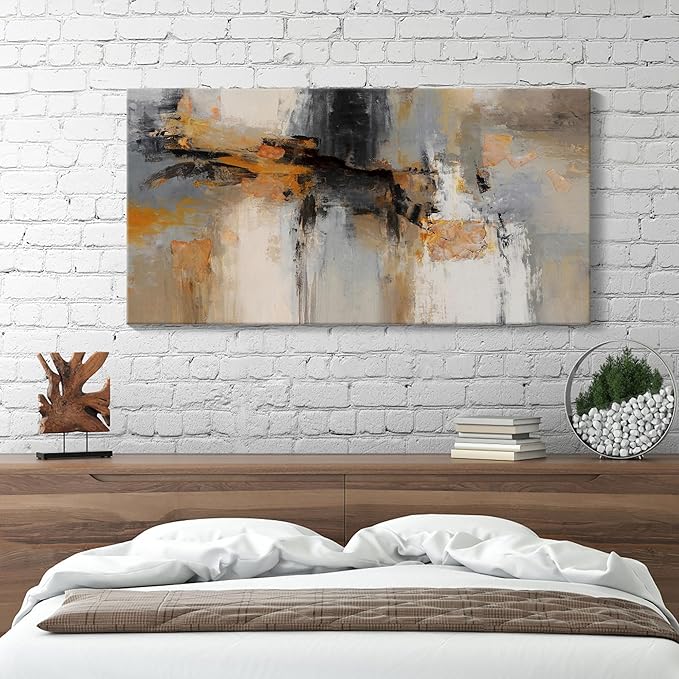 Abstract Canvas Wall Art - Large Framed Gray and Orange Paintings - Modern Wall Art Decor for Living Room & Office - Includes Pictures for Home Decoration Artwork for Bedroom 24×48IN