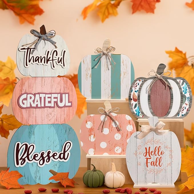 Bucherry 5 Set Fall Porch Decoration Pumpkin Wood Porch Standings Thankful Grateful Blessed Hello Fall Welcome Sign Decor with Base for Thanksgiving Festival Home Front Door Garden(Morandi Style)