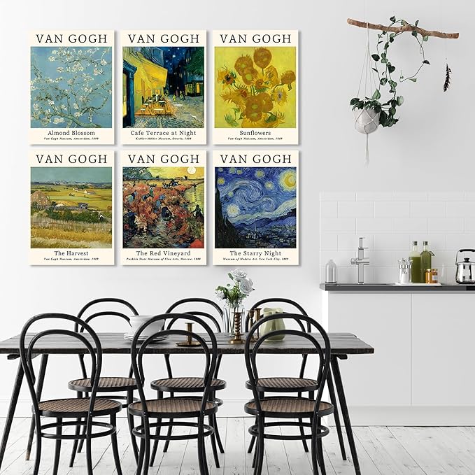 COSCTOR Set of 6 Vincent Van Gogh Wall Art Decor Canvas Vintage Retro Famous Artist Colorful Posters and Prints for Living Room Bathroom Bedroom Hallway Kitchen (Framed, 9x12)