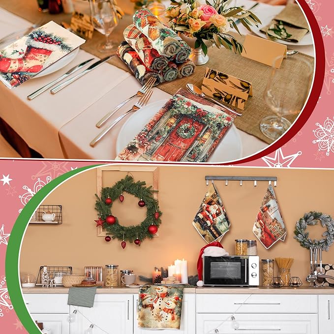 12 Pcs Christmas Kitchen Towels and Dishcloths Absorbent Christmas Tree Reindeer Truck Hand Dish Towels Decoration for Xmas Home Gift Supplies, 14.2 x 21.3 Inch (Vintage Fashion)