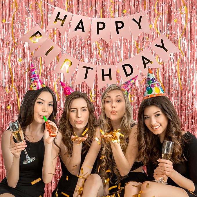 5 Pack Foil Curtain Backdrop Rose Gold Metallic Tinsel Foil Fringe Curtains Photo Booth Props for Birthday Wedding Engagement Baby Shower Bachelorette Christmas Holiday Celebration Party Decorations