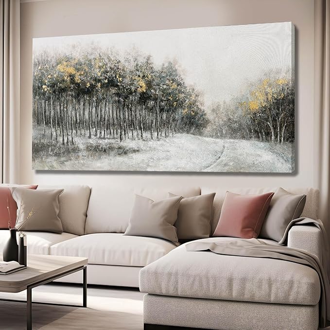 CHUDANHAO Large Landscape Wall Art Canvas Picture Green and Gold Tree Paintings Contemporary Wall Prints for Living Room Office 29x58 Inch Neutral Room Decor