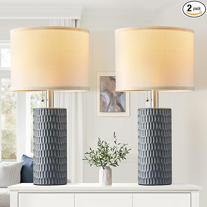 Table Lamps for Living Room Set of 2, Ceramic Table Lamps for Bedroom, 20" Modern Lamps for Night Stands, Grey