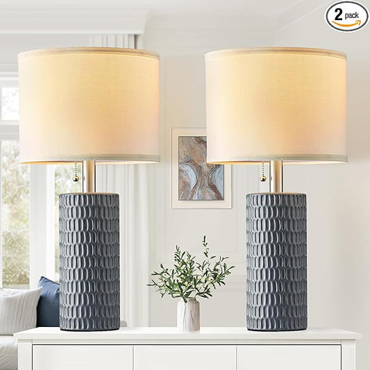 Table Lamps for Living Room Set of 2, Ceramic Table Lamps for Bedroom, 20" Modern Lamps for Night Stands, Grey