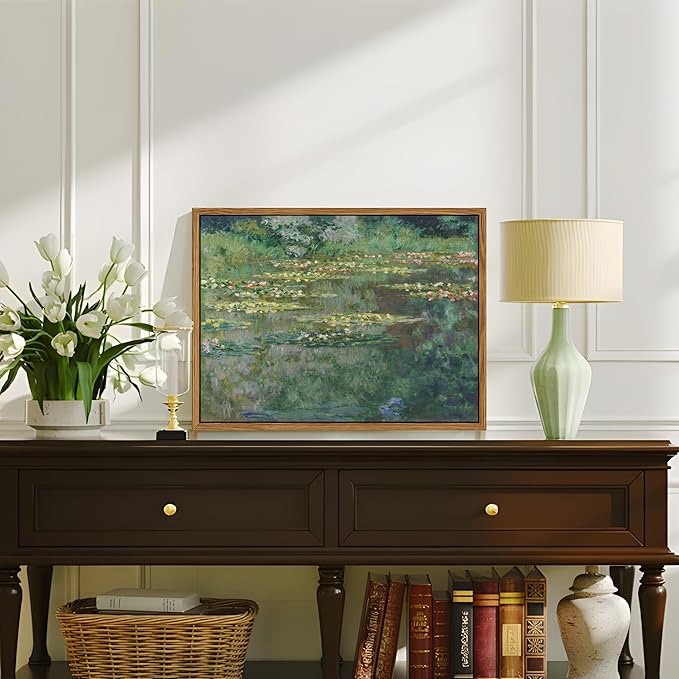 Framed Claude Monet Wall Art – Vintage Water Lilies Pond Painting Wall Decor, Impressionist Living Room Wall Art, Classic Aesthetic Canvas Prints for Bedroom Kitchen Bathroom – 24"x16"