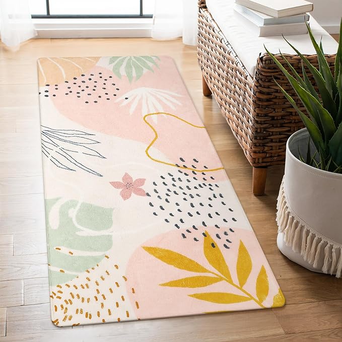 Lahome Washable Runner Rug for Hallway - 2x4 Non-Slip Throw Soft Bathroom Rug Runner Lightweight Pink Kitchen Mat, Boho Botanical Print Indoor Carpet Runner for Entrance Bedroom Laundry Living Room