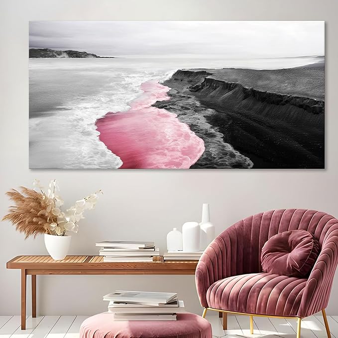 YCPRIMER Pink Canvas Wall Beach Black and White Picture for Living Room Largre Artwork for Wall Coastal Ocean Seascape Painting bedroom Wall Decor Above Bed 29×58IN
