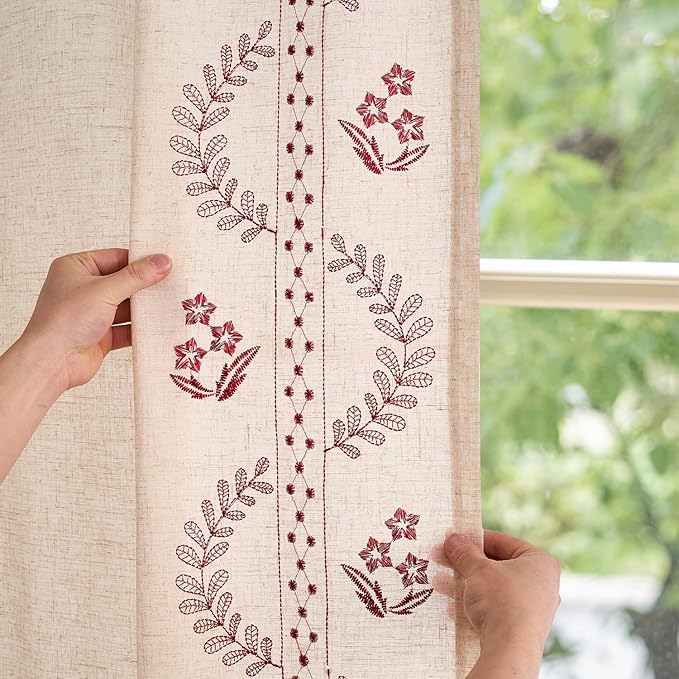 jinchan Belrose Linen Curtains for Bedroom Floral Curtains 63 Inch Length Linen Blend Burgundy Red Embroidered Drapes Farmhouse Flower Patterned Drapes for Living Room Window Treatments Set 2 Panels