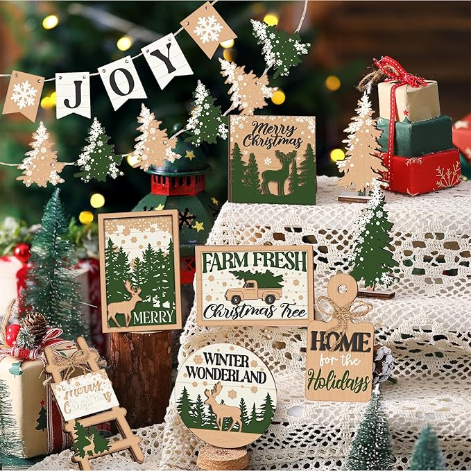 17 Pcs Christmas Tiered Tray Decor Set Winter Tiered Tray Decorations Farmhouse Tabletop Centerpiece Christmas Wooden 3D Sign for Xmas Home Buffalo Plaid Rustic Table Decoration(Forest)