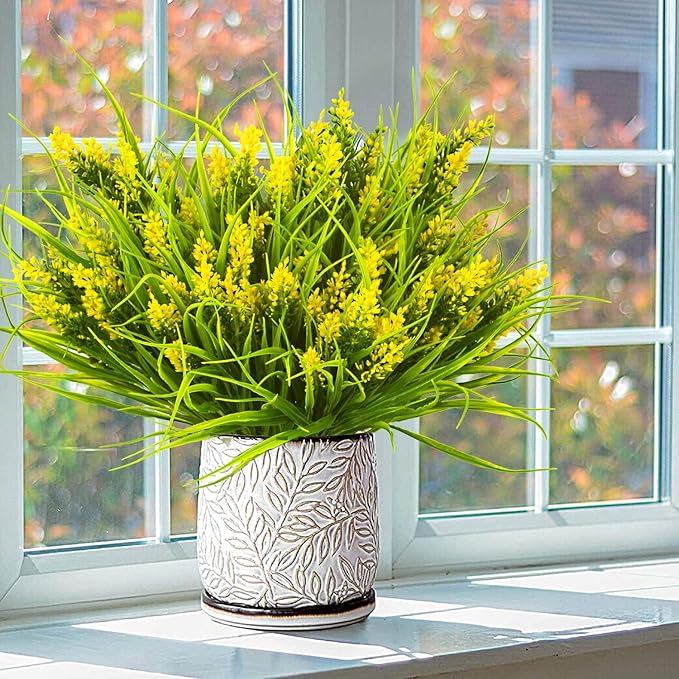 20 Bundles Artificial Plants Outdoor Fake Monkey Grass with Flowers (Yellow)