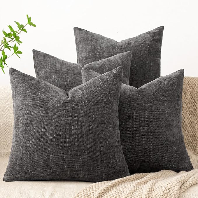 Set of 4 Soft Textured Decorative Throw Pillow Covers 18x18 Inch Cozy Farmhouse Cushion Cover Square Accent Pillow Cases for Bed Couch Sofa Living Room, Dark Grey