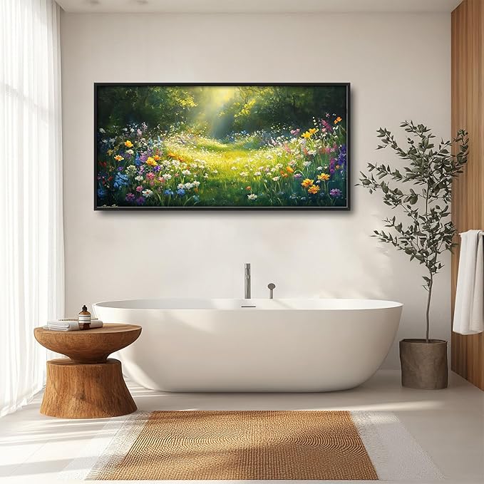 Green Forest Wall Art for Living Room, Large Green Canvas Wall Decor, Wildflowers Flowers Pictures Framed Painting, Landscape Artwork for Bedroom Office Home Decor 60L'' × 30W''