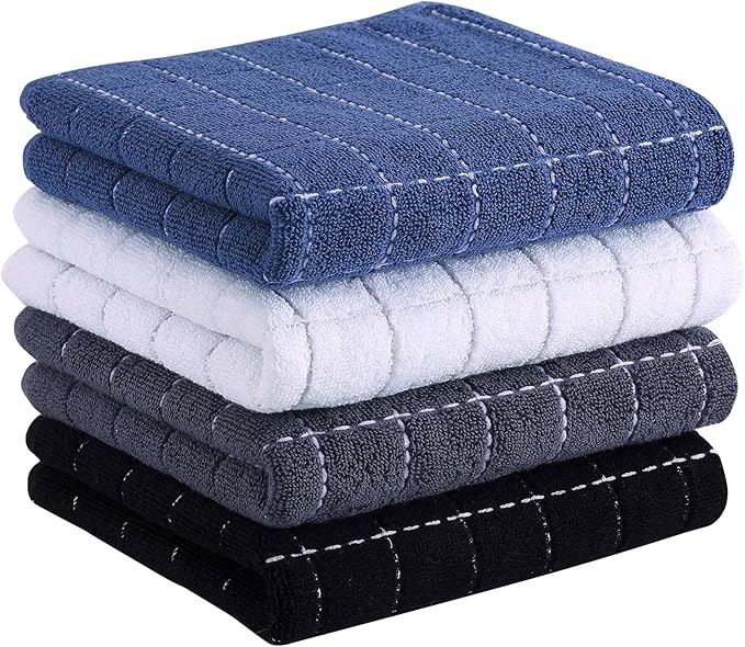 Homaxy 100% Cotton Terry Kitchen Towels(Multiple Color, 13 x 28 inches), Checkered Designed, Soft and Super Absorbent Dish Towels, 4 Pack