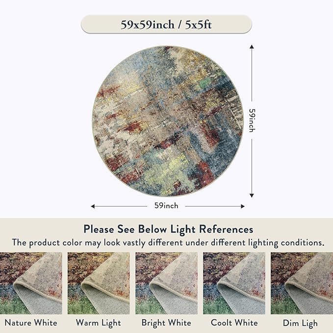 Lahome Modern Abstract Round Rug 5ft - Washable 5x5 Circle Rugs for Bedroom Dining Table Non Slip Non-Shedding, Soft Floor Carpet for Living Room Nursery Dorm Kitchen,Red/Multi